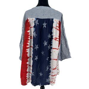 John Mark Embroidered Linen Tunic Top Women's Plus Size 3X Blue Stars USA Flag